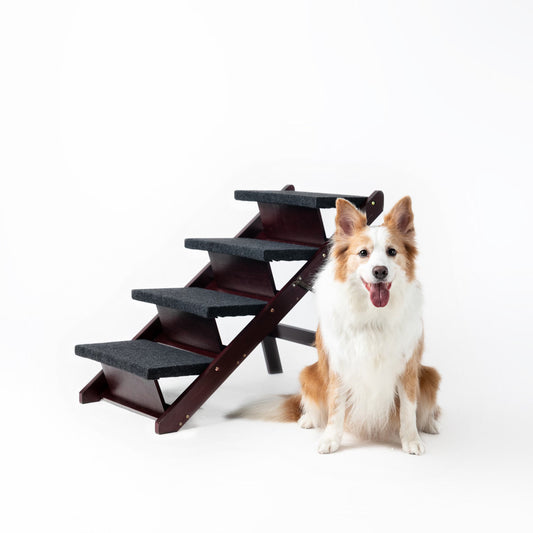 Wooden Dog Stairs Steps - Foldable 4 Levels Pet Stairs & Ramp Perfect