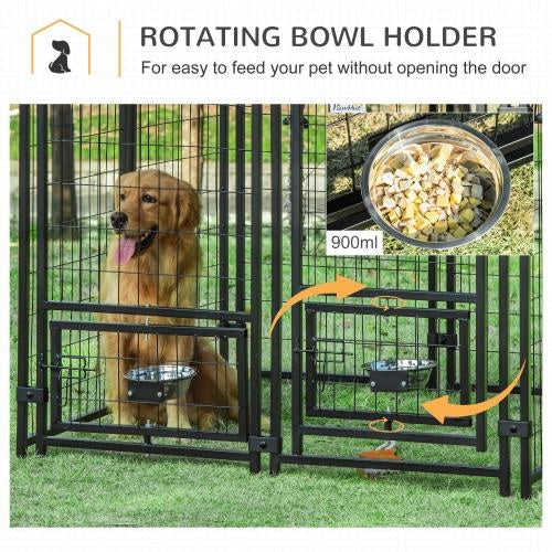 Outdoor Kennel With Rotating Bowl Rack, Walk-in Pet Playpen, Welded