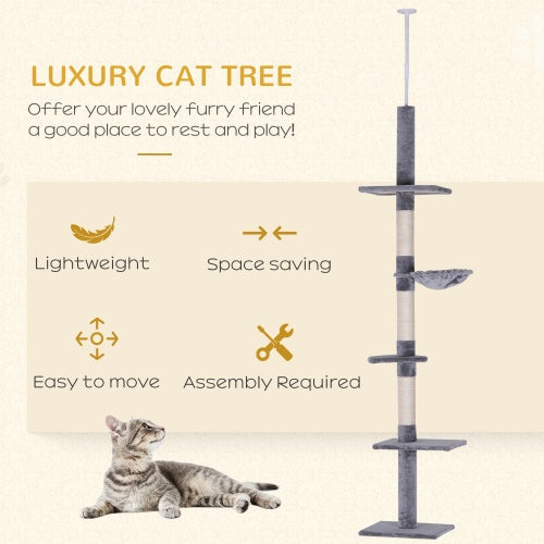 9 Foot Adjustable Height Floor To Ceiling Vertical Cat Tree - Grey And