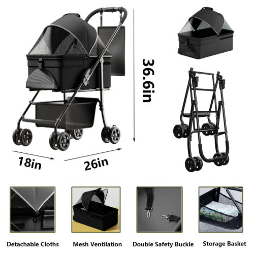 2 In 1 Folding Dog Stroller, Pet Folding Stroller, 4 Wheels Dog Cat