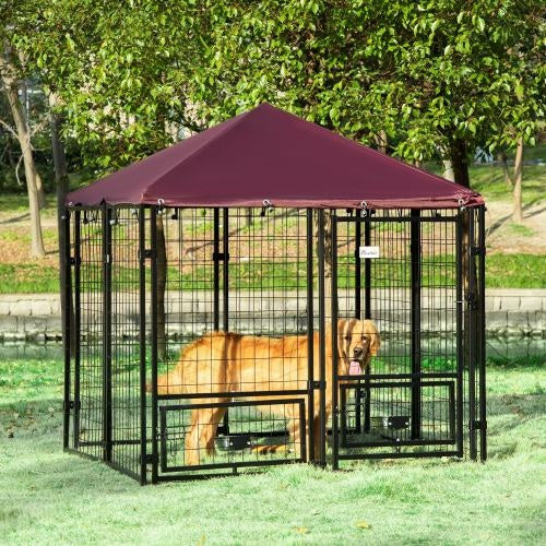 Outdoor Kennel With Rotating Bowl Rack, Walk-in Pet Playpen, Welded