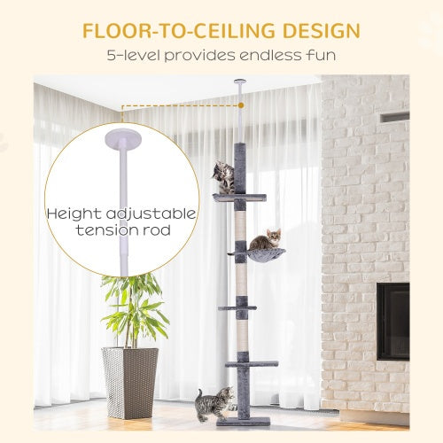 9 Foot Adjustable Height Floor To Ceiling Vertical Cat Tree - Grey And