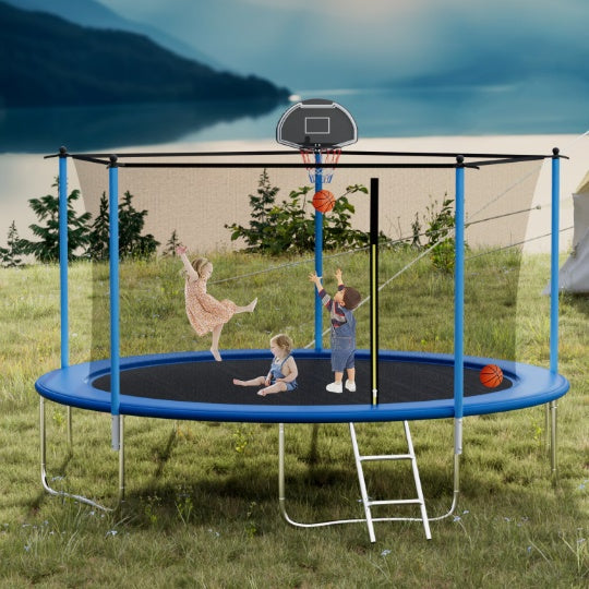 14 FT TRAMPOLINE INSIDE SAFETY NET WITH BASKETBALL HOOP