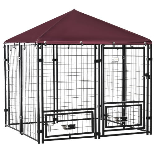 Outdoor Kennel With Rotating Bowl Rack, Walk-in Pet Playpen, Welded